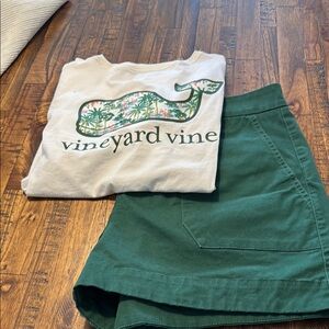 Vineyard Vines🐳 Green Shorts with Striped Trim and coordinating graphic Tee